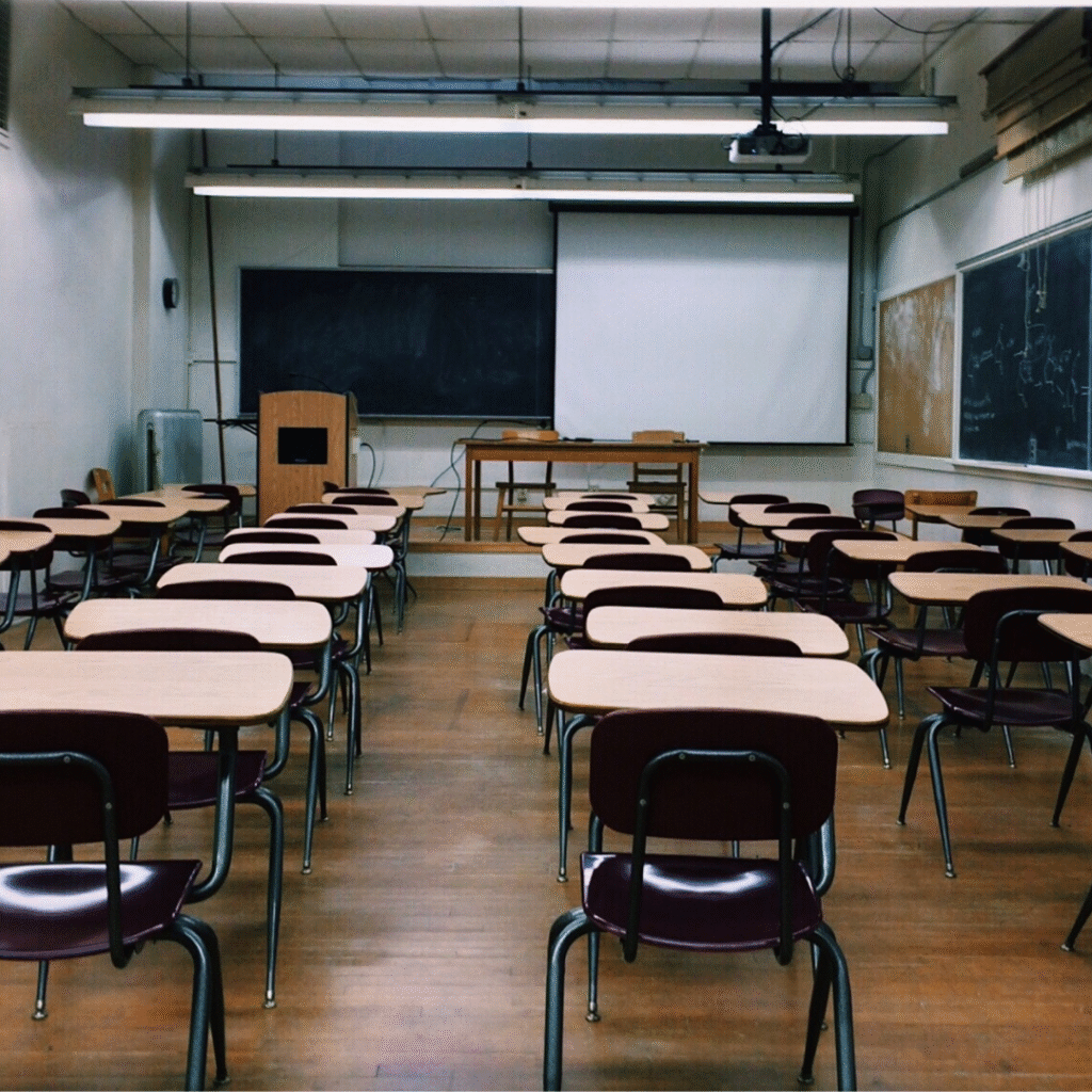 A photo of inside a classroom. There are no students or staff. There are rows of desks in a classroom with white walls and hanging lights. There is a blank chalk board at the front.