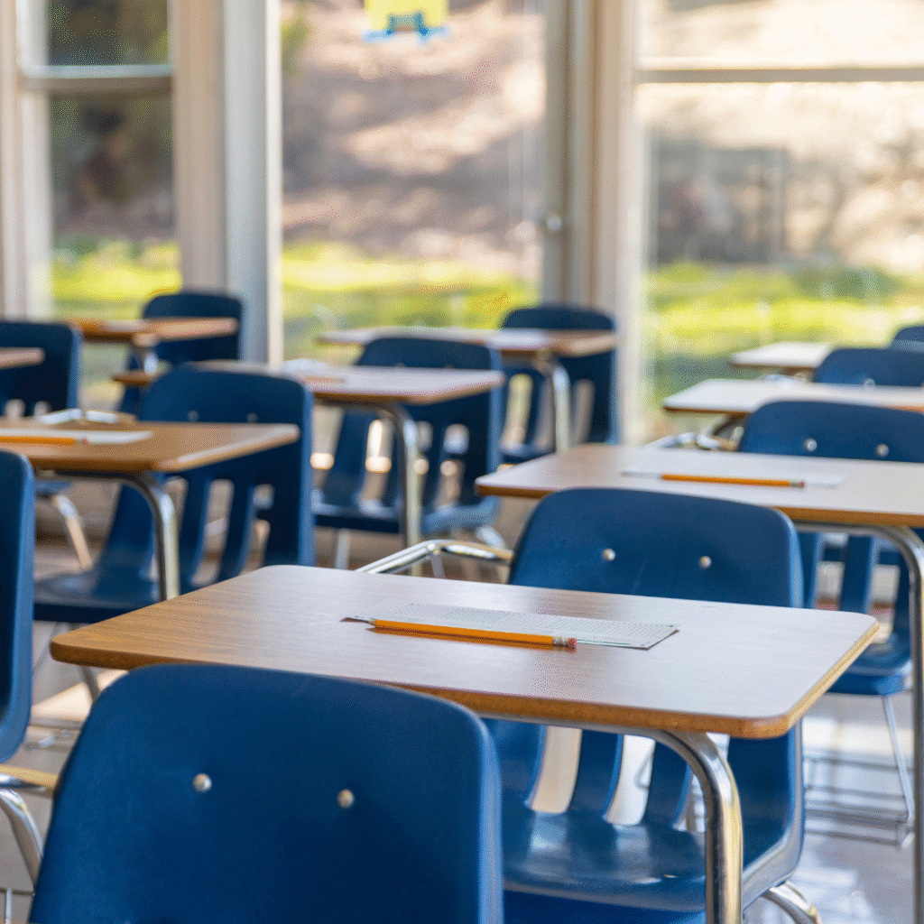 A photo of inside a classroom with no people. There are rows of blue seats with wooden top desks all facing the same direction. There are windows in the back that look onto greenery.