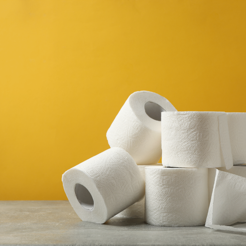 White toilet paper rolls in a pile against a yellow background.