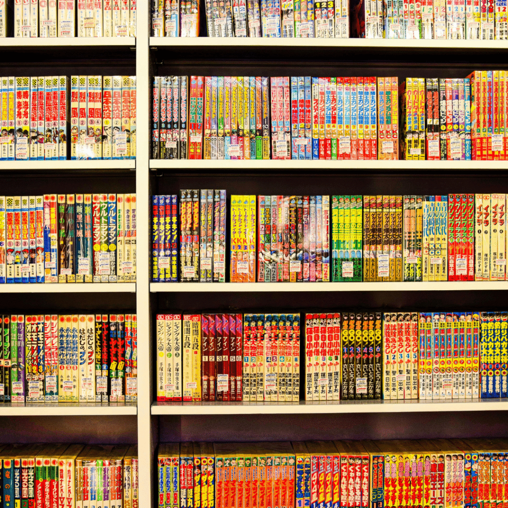 A photo of bookshelves with Japanese manga