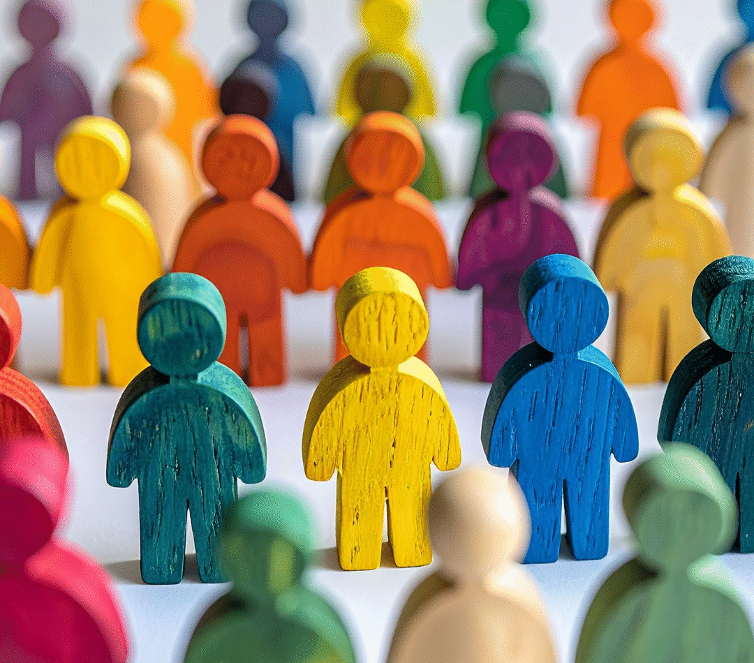 A photo of many, small wooden people all standing in lines. They are all each a different colour like green, yellow, blue and purple.