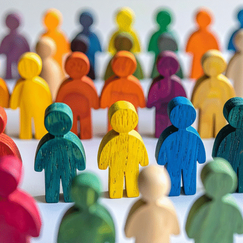 A photo of many, small wooden people all standing in lines. They are all each a different colour like green, yellow, blue and purple.